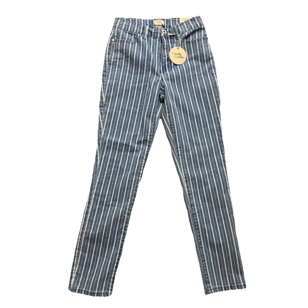 NWT Camila Coelho Striped High Waist Slim Straight Ankle Denim Jeans Sz 2 New